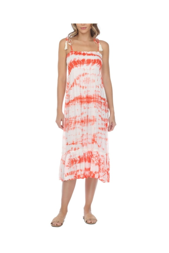 Women's Coral Tie Dye Stretch Tie Ruffled Midi Dress Smocked Adjustable Square Neck Swimsuit Cover Up S