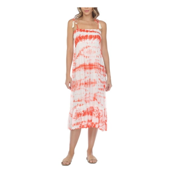 RAVIYA Women's Coral Tie Dye Stretch Tie Ruffled Midi Dress Smocked Adjustable Square Neck Swimsuit Cover Up S