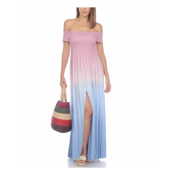 RAVIYA Women's Pink Tie Dye Hits At Ankle Leg Slit Smocked Off The Shoulder Swimsuit Cover Up S