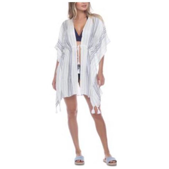 RAVIYA Women's White Striped Tassel Trim Poncho sleeves Tie Metallic Swimsuit Cover Up LXL