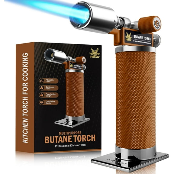 RAVS Butane Torch Lighter, Kitchen Torch with Adjustable Flame, Cooking Torch for Creme Brulee, BBQ, DIY, Christmas Gifts Stocking Stuffers Gifts for Women, Brown, Butane Gas Not Included