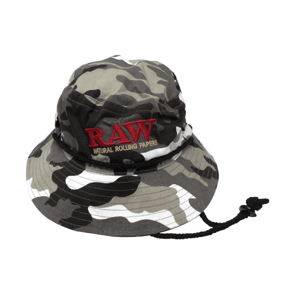 RAW Camo Bucket Hat Camouflage Outdoor Hat with Embroidered RAW Logo & Chin Cord