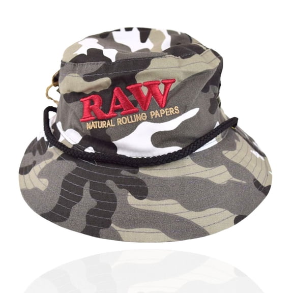 RAW Camo Bucket Hat Camouflage Outdoor Hat with Embroidered RAW Logo & Chin Cord - Large