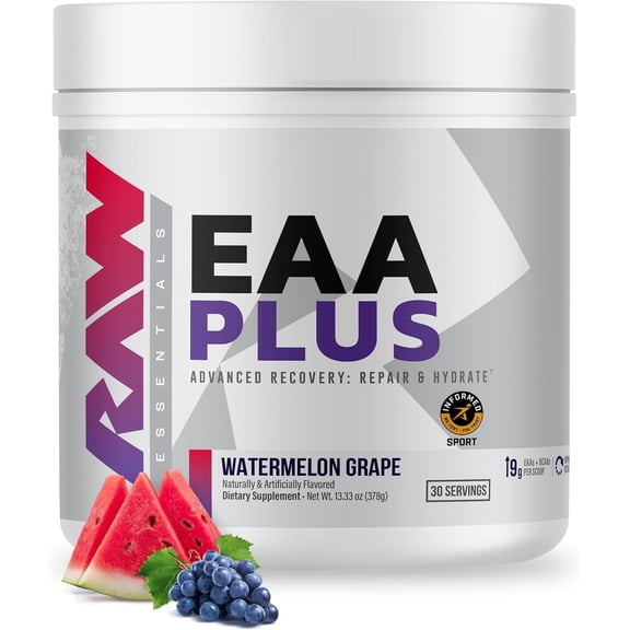 RAW Nutrition EAA Plus Pre-Workout Powder, Recovery & Lean Muscle Growth, Watermelon Grape, 30 Servings