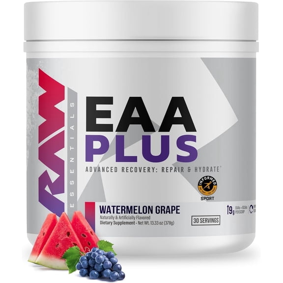 RAW Nutrition EAA Plus Pre-Workout Powder, Watermelon Grape, 30 Servings