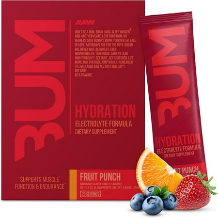 RAW Nutrition BUM Hydration Electrolyte Supplement Drink Mix, Fruit Punch, 20 Servings