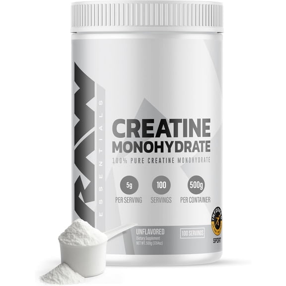 RAW Nutrition Creatine Monohydrate Powder, Unflavored (100 Servings) - Micronized Creatine Monohydrate Supplement for Workout Performance, Build Muscle & Strength - Creatine Powder for Men & Women