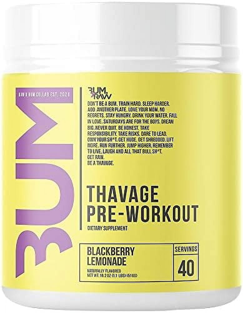 RAW Pre Workout Powder, Thavage (BlackBerry Lemonade) - Chris Bumstead Sports Nutrition Supplement for Men & Women - Cbum Preworkout for Working Out, Hydration, Mental Focus & Energy - 40 Servings