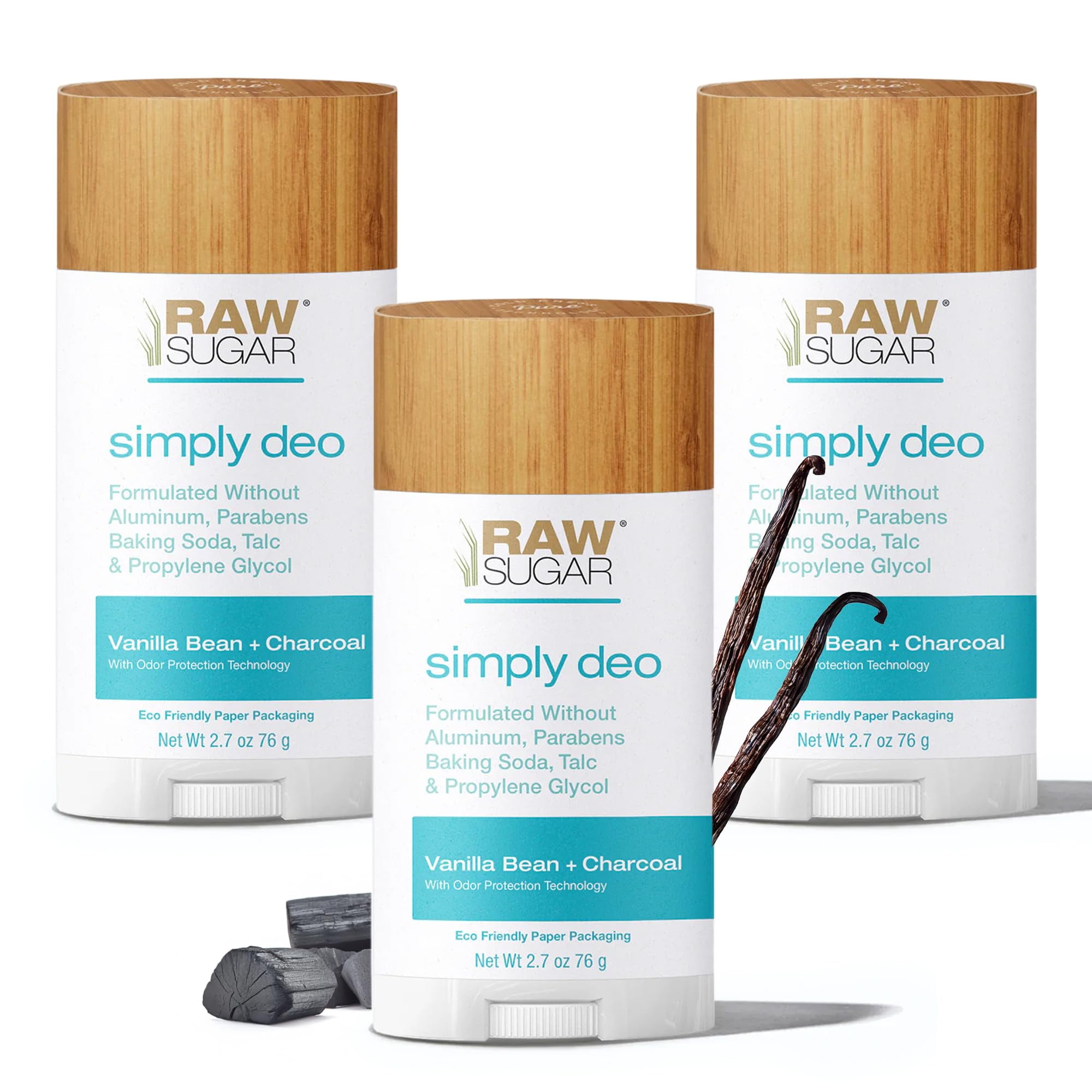 RAW SUGAR Aluminum Free Deodorant Stick, Simply Deo Bundle (Pack of 3) Whole Body Deodorant for Women & Men, Clean Formulated without Baking Soda, Talc & Parabens, Vanilla Bean + Charcoal Scent