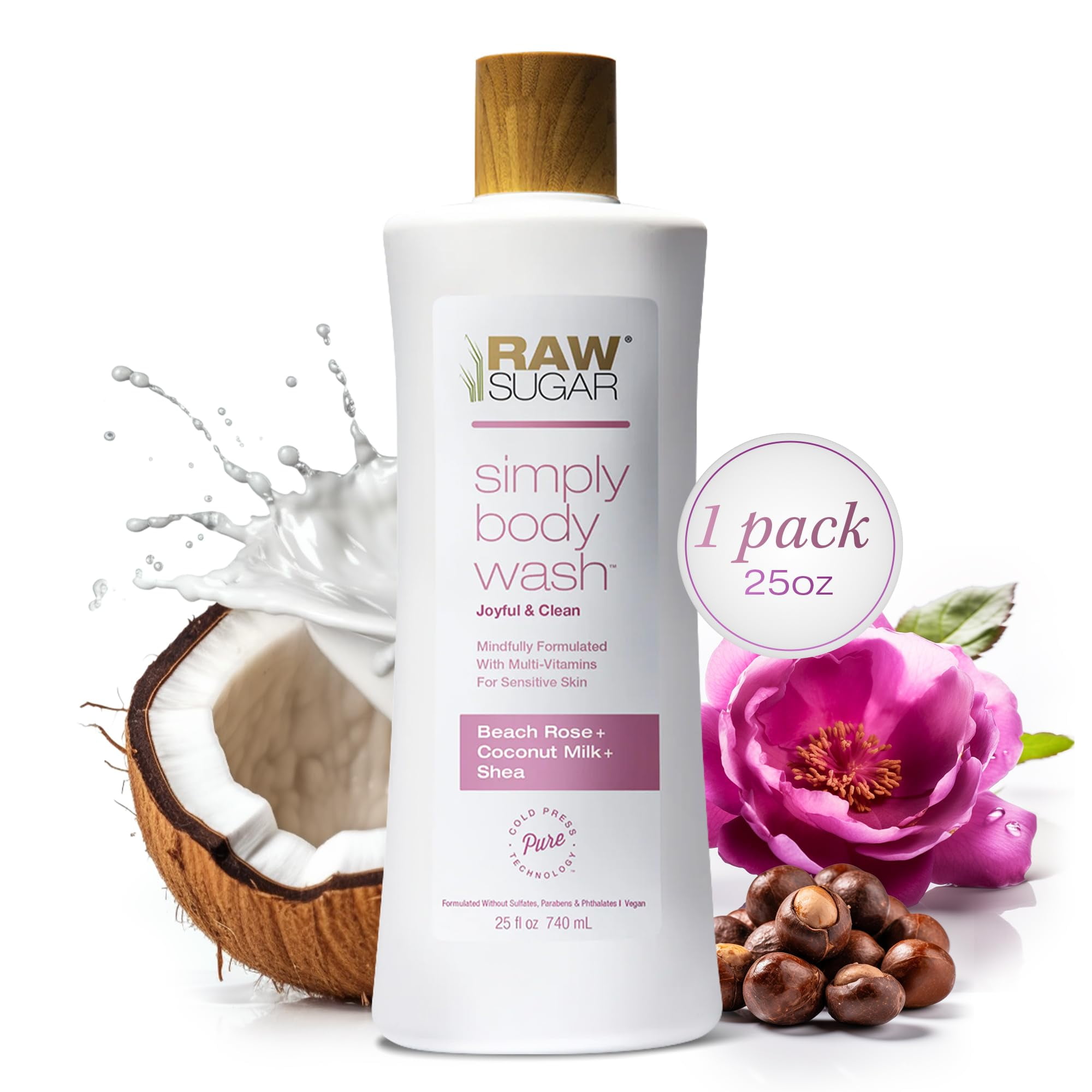 RAW SUGAR Simply Body STF9Wash, Beach Rose + Coconut Milk + Shea (25 Fl Oz, Pack of 1) Sensitive Skin Bath Soap, Formulated without Sulfates & Parabens