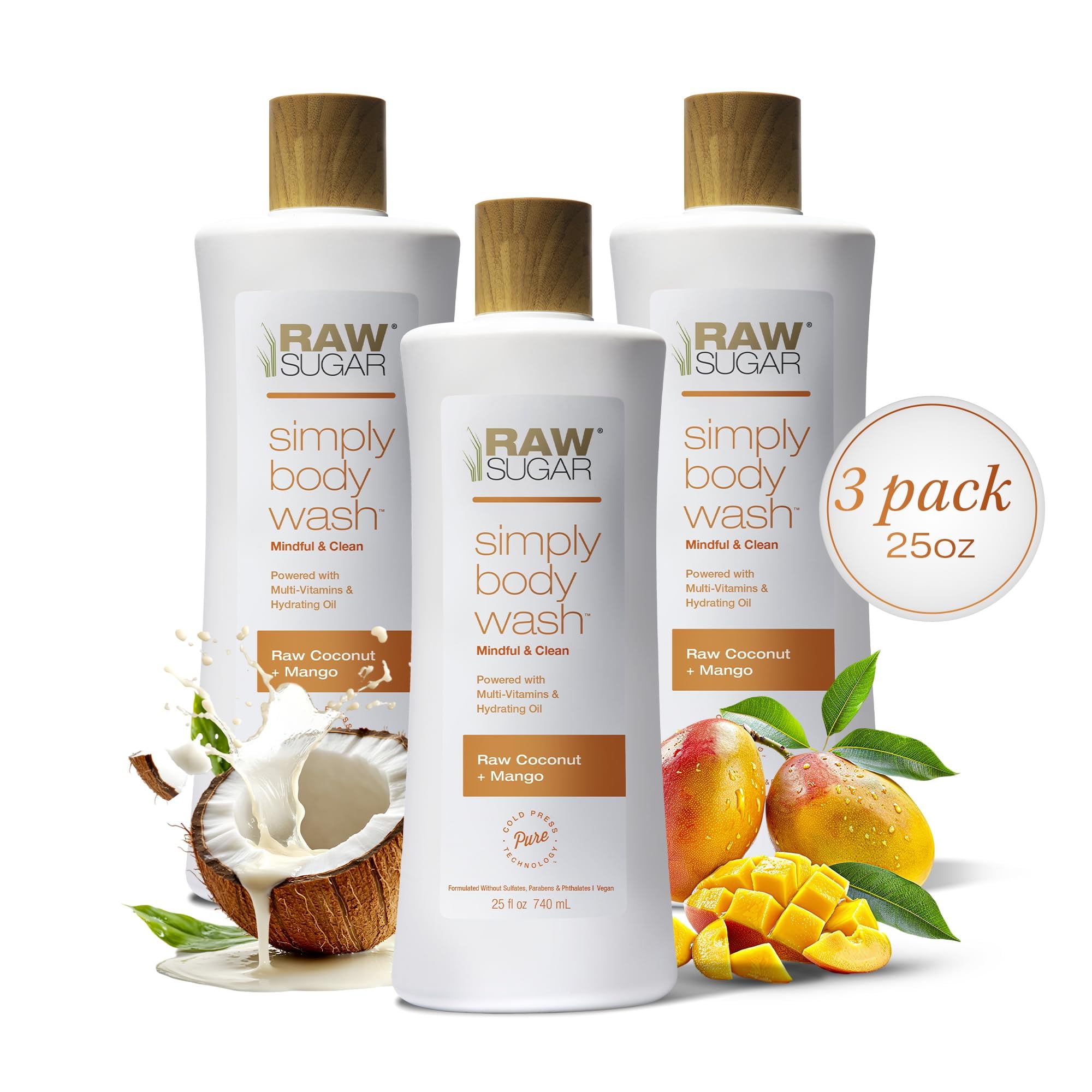 RAW SUGAR Simply Body Wash HYZ01 - Raw Coconut + Mango, Moisturizing & Soothing Bath & Shower Gel, Sulfate-Free, Paraben-Free & Vegan (Pack of 3)