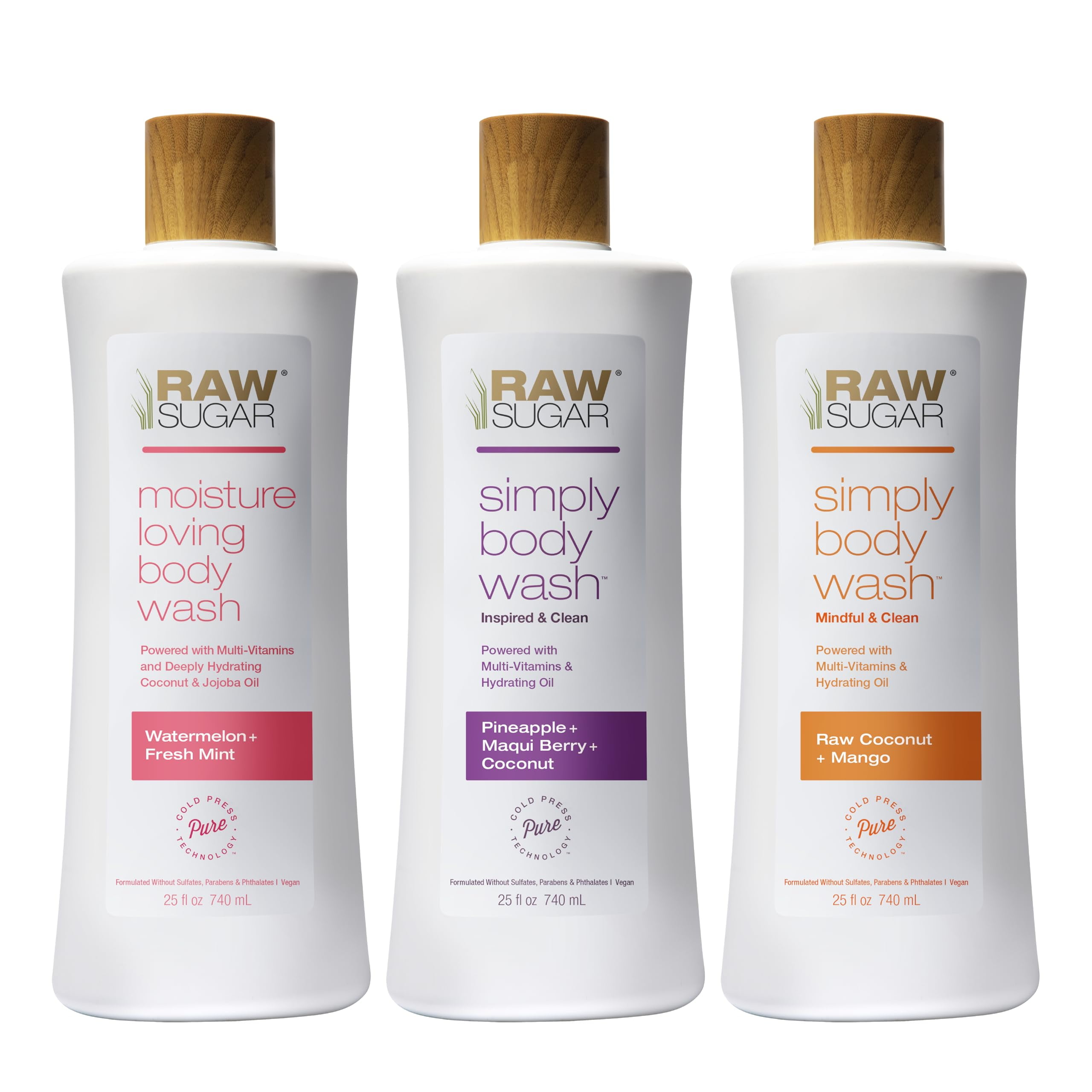 RAW SUGAR Simply Body XEF1Wash Variety Trio (25 Oz, Pack of 3) Vegan Bath & Shower Gel, Raw Coconut + Mango, Pineapple + Maqui Berry + Coconut and Watermelon + Fresh Mint, No Sulfates & Parabens
