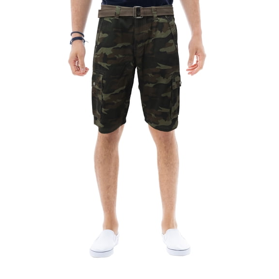 RAW X Mens Belted 12.5" Inseam Knee Length Cargo Shorts, Olive Camo, 30