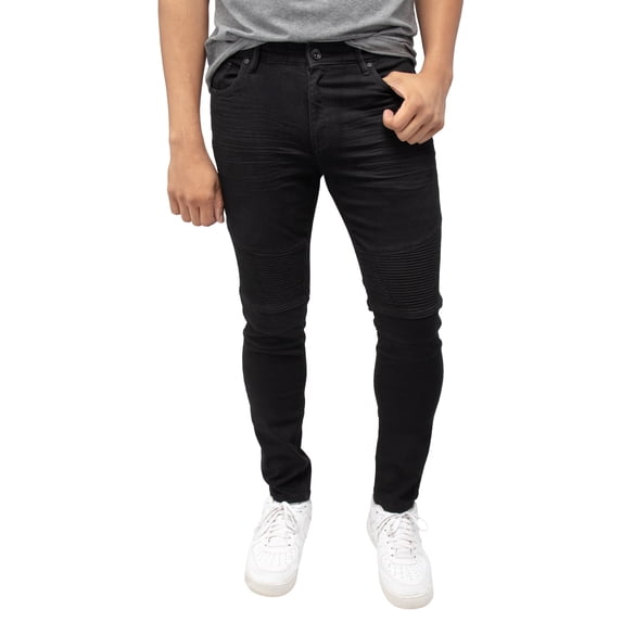 RAW X Men's Skinny Fit Biker Jean, Comfy Flex Stretch Moto Wash Denim Jeans Pants, Jet Black, 38W X 32L