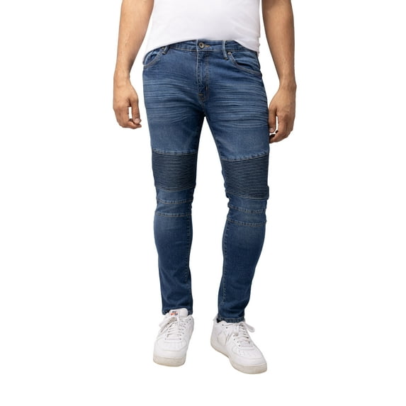 RAW X Men's Skinny Fit Biker Jean, Comfy Flex Stretch Moto Wash Denim Jeans Pants, Medium Blue, 32W X 32L