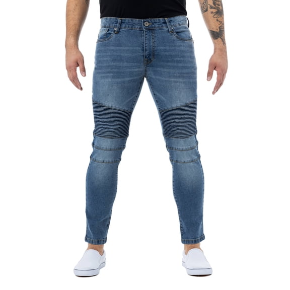 RAW X Men's Skinny Fit Biker Jeans, Washed Ripped Distressed Moto Stretch Denim Pants, Medium Stone - 9613, 32W x 30L