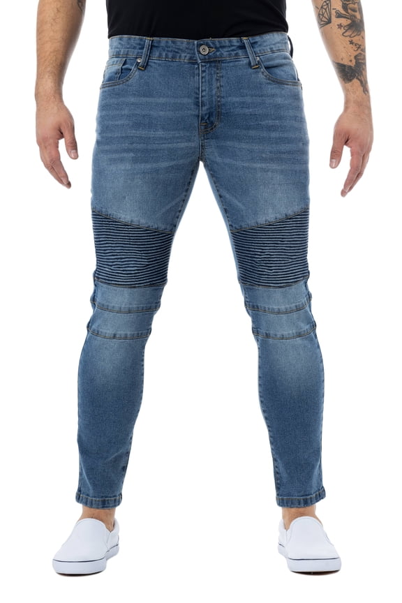 Men's Skinny Fit Biker Jeans, Washed Ripped Distressed Moto Stretch Denim Pants, Medium Stone - 9613, 32W x 30L