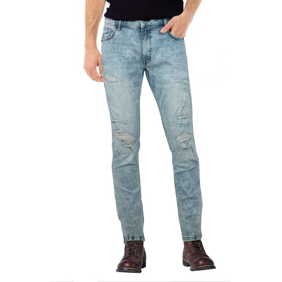 RAW X Men's Skinny Fit Stretch Jeans, Fashion Rips Destroyed Distressed Washed Denim Jean Pants for Men, Ice Stone