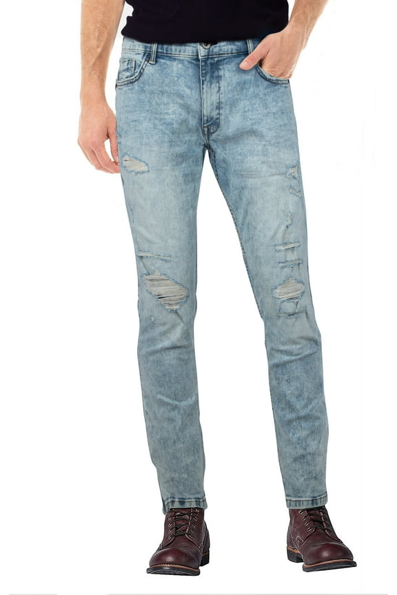 Men's Skinny Fit Stretch Jeans, Fashion Rips Destroyed Distressed Washed Denim Jean Pants for Men, Ice Stone