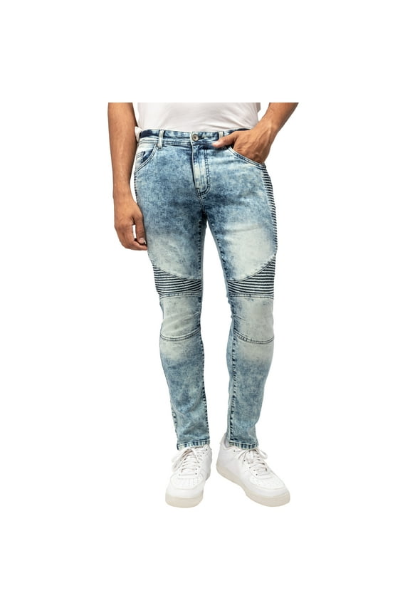 Mens Slim Stretch Moto Jeans, Medium Blue, 34X30