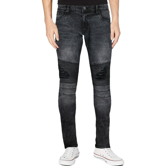 RAW X Mens RawX Slim Fit Moto Detail Stretch Jeans, Black Wash, 44X32