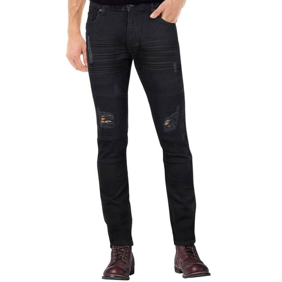 RAW X Men's Slim Fit Biker Jeans, Washed Ripped Distressed Moto Stretch Denim Pants, Jet Black, 34W x 30L