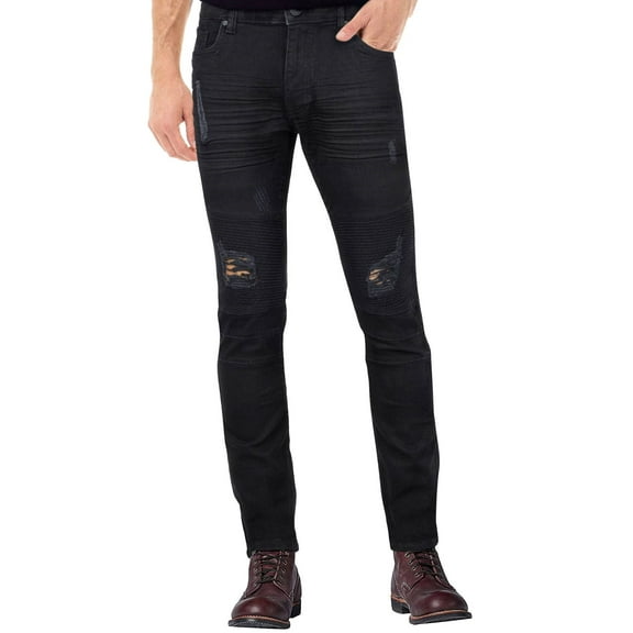 RAW X Men's Slim Fit Biker Jeans, Washed Ripped Distressed Moto Stretch Denim Pants, Jet Black, 36W x 32L