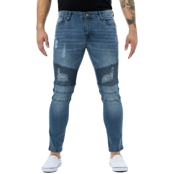 RAW X Mens RawX Slim Fit Moto Detail Stretch Jeans, Med Blue, 40X32