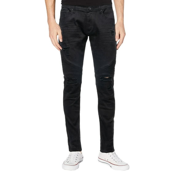RAW X Mens Stretch Moto Jeans, Jet Black, 52X32