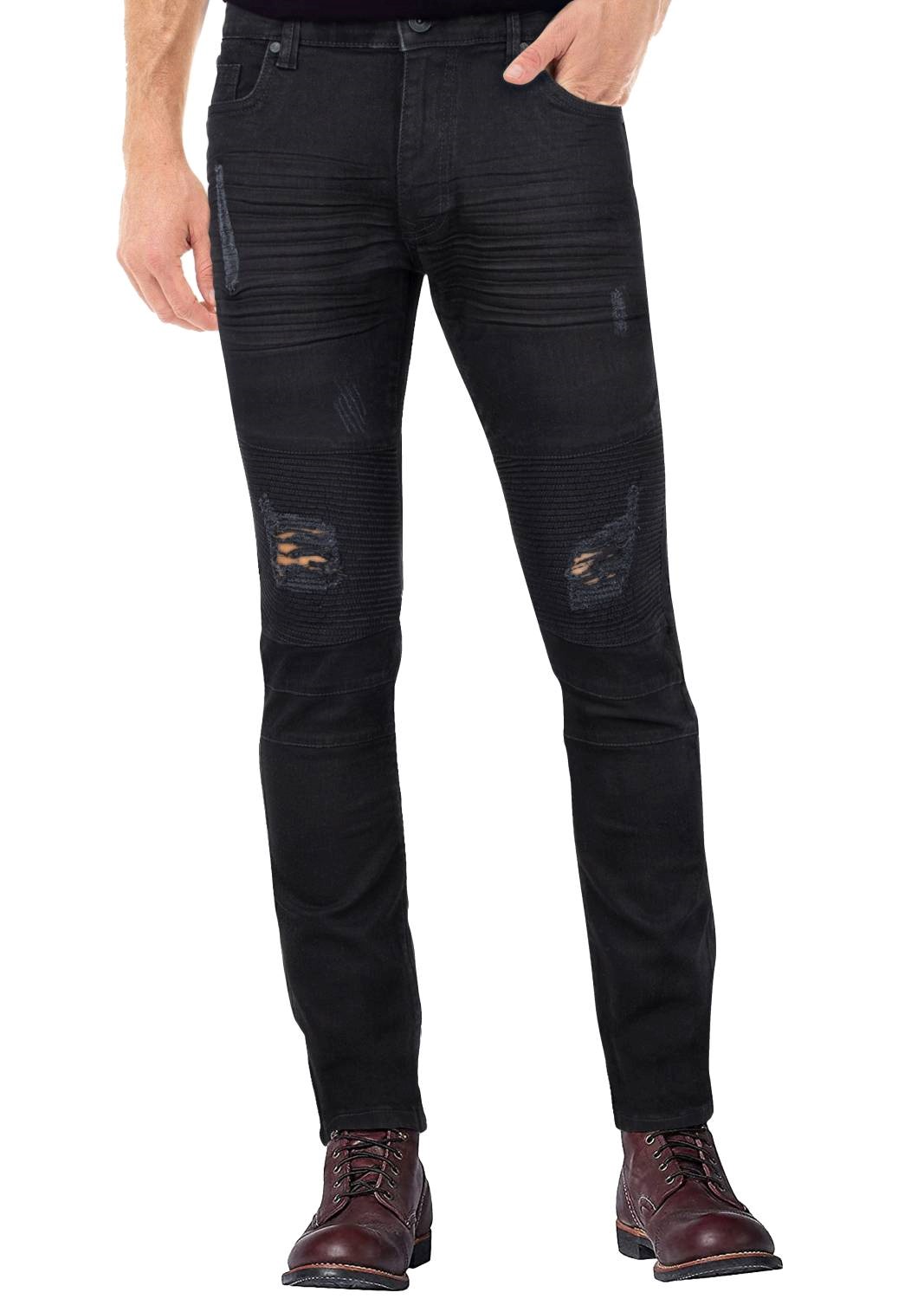 RAW X Men's Slim Fit Skinny Biker Jean, Comfy Flex Stretch Moto Wash Rip Distressed Denim Jeans Pants - image 1 of 8