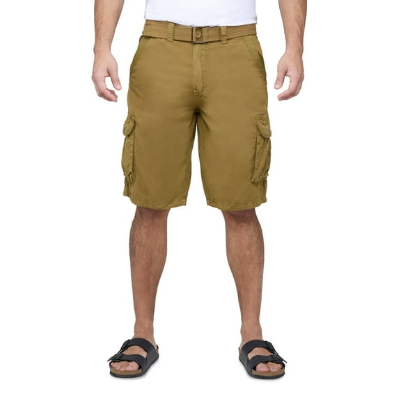 RAW X Mens Belted 12.5" Inseam Knee Length Cargo Shorts, British Khaki, 36