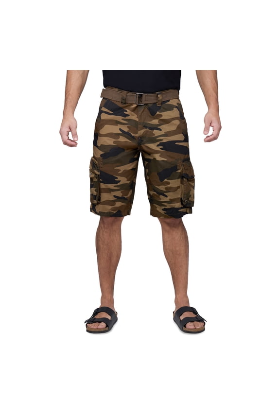 Mens Belted 12.5" Inseam Knee Length Cargo Shorts, Brown Camo, 33