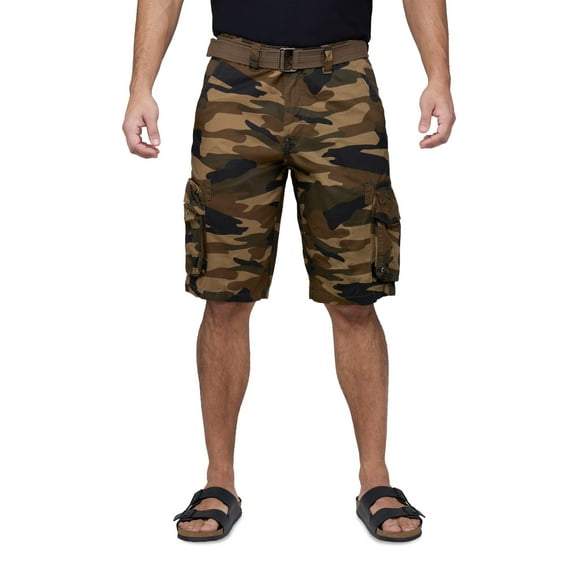 RAW X Mens Belted 12.5" Inseam Knee Length Cargo Shorts, Brown Camo, 36