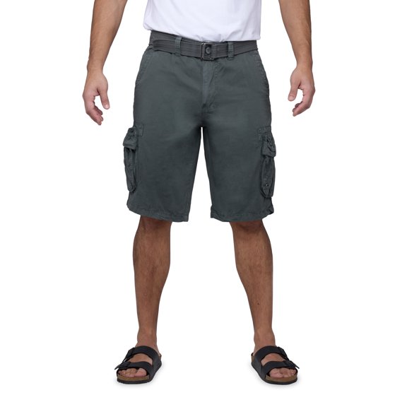 RAW X Mens Belted 12.5" Inseam Knee Length Cargo Shorts, Grey, 34