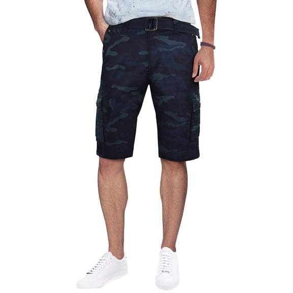 RAW X Mens Belted 12.5" Inseam Knee Length Cargo Shorts, Navy Camo, 32