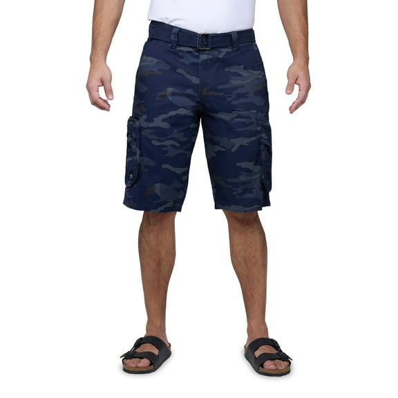 RAW X Mens Belted 12.5" Inseam Knee Length Cargo Shorts, Navy Camo, 42
