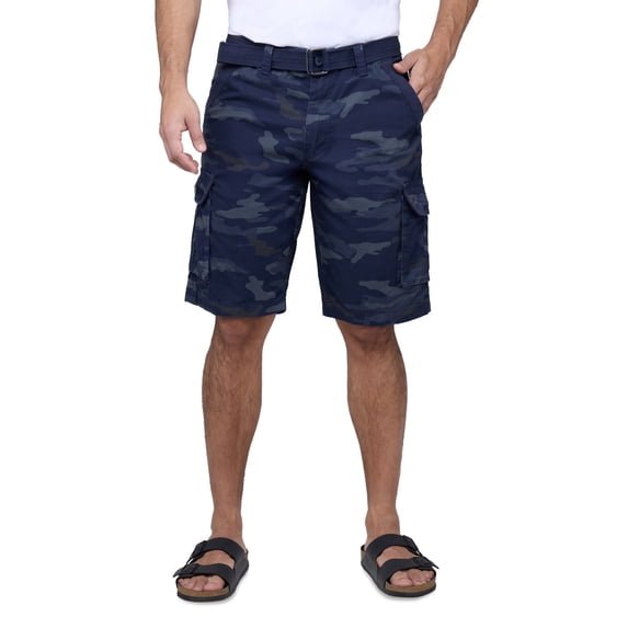 RAW X Mens Belted 12.5" Inseam Knee Length Cargo Shorts, Navy Camo, 44