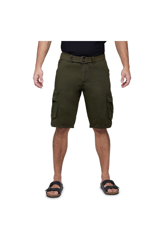 Mens Belted 12.5" Inseam Knee Length Cargo Shorts, Olive, 32