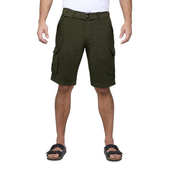 RAW X Mens Belted 12.5" Inseam Knee Length Cargo Shorts, Olive, 34