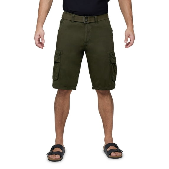 RAW X Mens Belted 12.5" Inseam Knee Length Cargo Shorts, Olive, 42