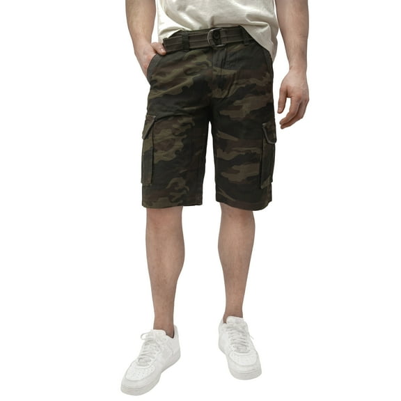 RAW X Mens Belted 12.5" Inseam Knee Length Cargo Shorts, Olive Camo, 30