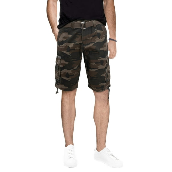 RAW X Mens Belted 12.5" Inseam Knee Length Cargo Shorts, Olive Camo, 36