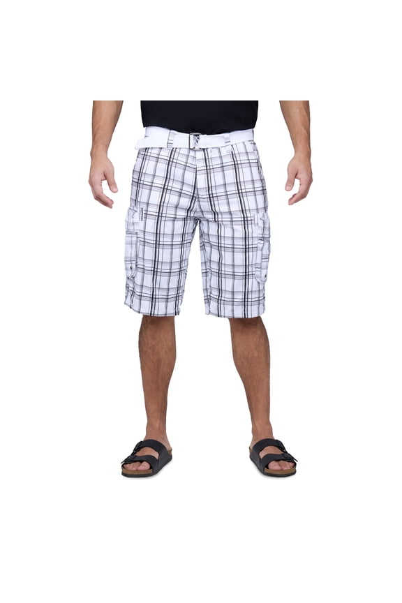 Mens Belted 12.5" Inseam Knee Length Cargo Shorts, Plaid White, 32