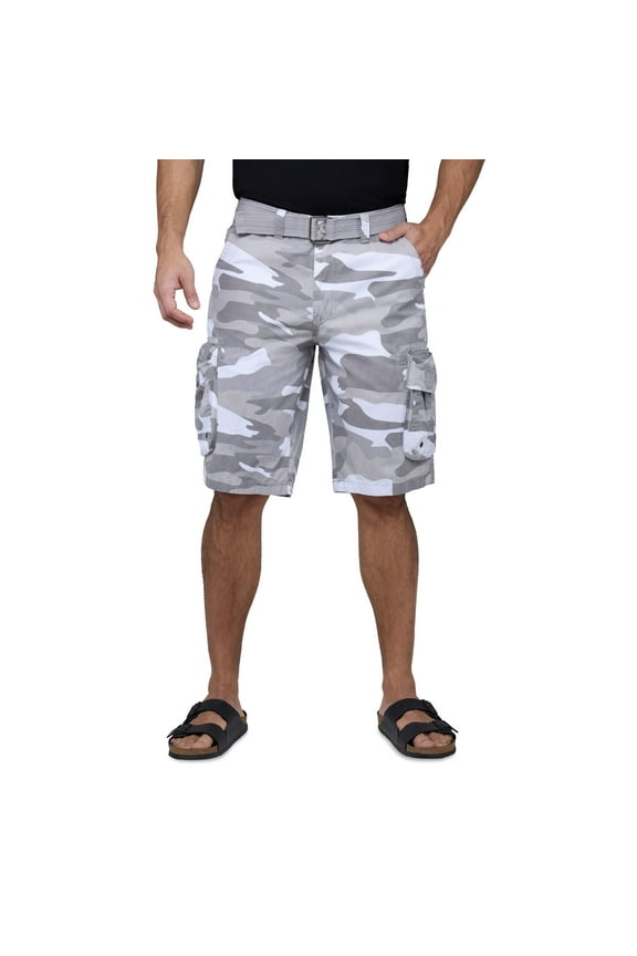 Mens Belted 12.5" Inseam Knee Length Cargo Shorts, White Camo, 36