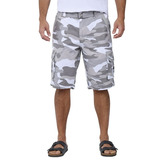 RAW X Mens Belted 12.5" Inseam Knee Length Cargo Shorts, White Camo, 42