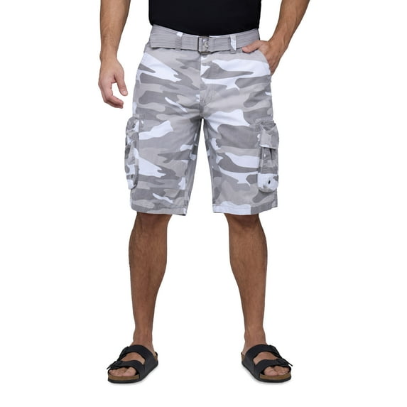 RAW X Mens Belted 12.5" Inseam Knee Length Cargo Shorts, White Camo, 42