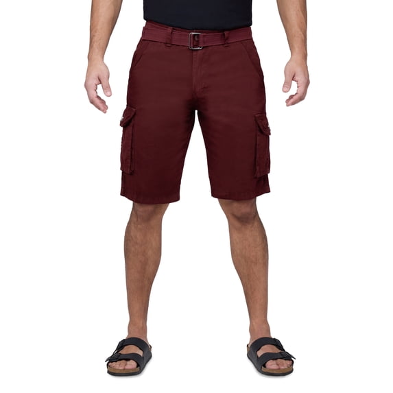 RAW X Mens Belted 12.5" Inseam Knee Length Cargo Shorts, Wine, 42