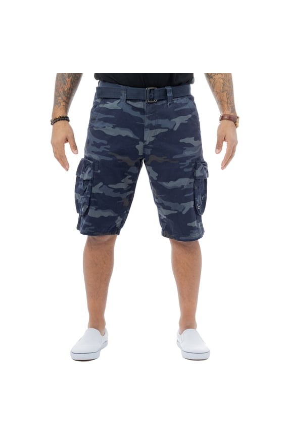 Mens Belted 12.5" Inseam Knee Length Cargo Shorts, Navy Camo, 46