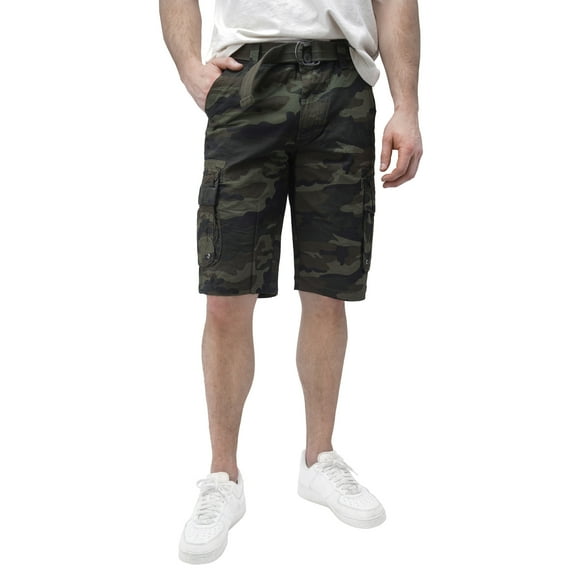 RAW X Mens Belted 12.5" Inseam Knee Length Cargo Shorts, Olive Camo, 48