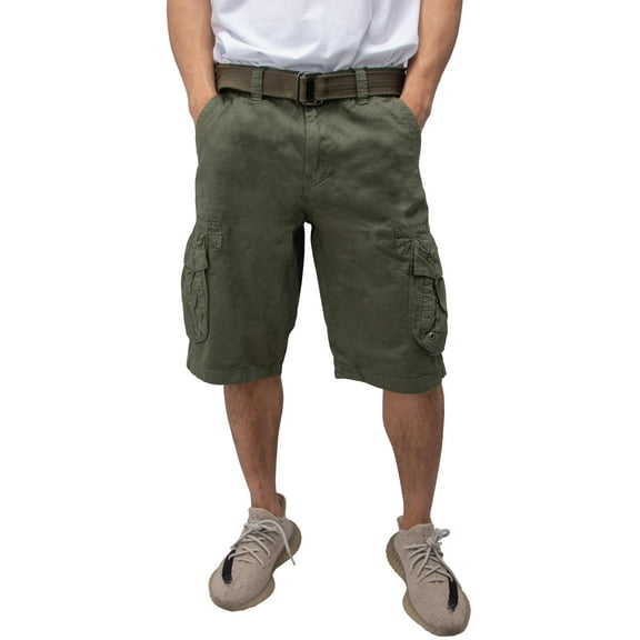 RAW X Mens Belted Cargo Shorts Relaxed Fit Casual Knee Length Cargo Shorts for Men, Hidden Snap Pocket - Sage, 33